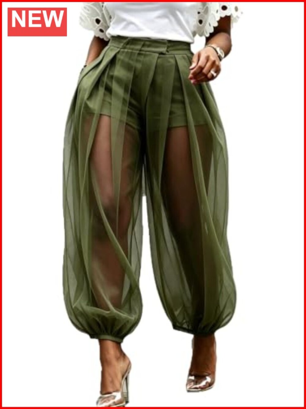 Women Wide Leg Barrel Pants Mesh Pleated Balloon Chiffon Trousers